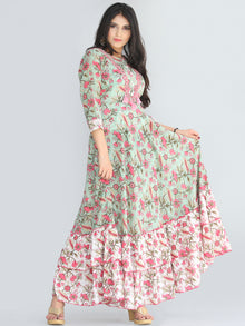 Gulzar Fariba - Hand Block Printed Long Cotton Dress With Ruffles - D412F2187
