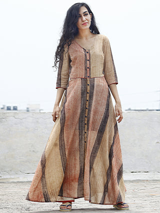 Beige Red Black Hand Brush Painted Long Cotton Dress With Front Opening  - D79F781