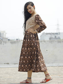 Black  Maroon Brown White Beige Long Hand Block Printed Cotton Dress With Knife Pleats & Side Pockets - D90F892