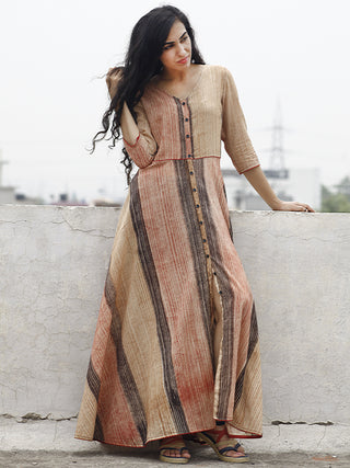 Beige Red Black Hand Brush Painted Long Cotton Dress With Front Opening  - D79F781