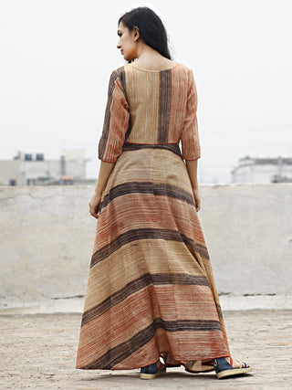 Beige Red Black Hand Brush Painted Long Cotton Dress With Front Opening  - D79F781