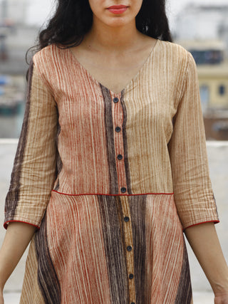 Beige Red Black Hand Brush Painted Long Cotton Dress With Front Opening  - D79F781