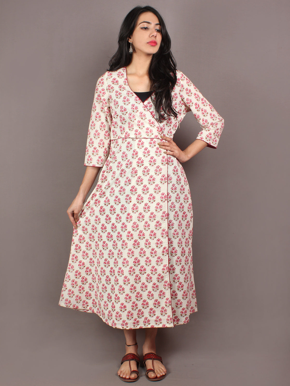 White Pink Mint Green Hand Block Printed Long Cotton Angrakha Dress - D2012301