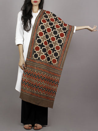 Brown Black Maroon Ivory Mughal Nakashi Ajrakh Hand Block Printed Cotton Stole - S63170122