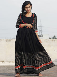 Naaz Black White Grey Hand Block Printed Long Dress With Gathers -  DS18F001