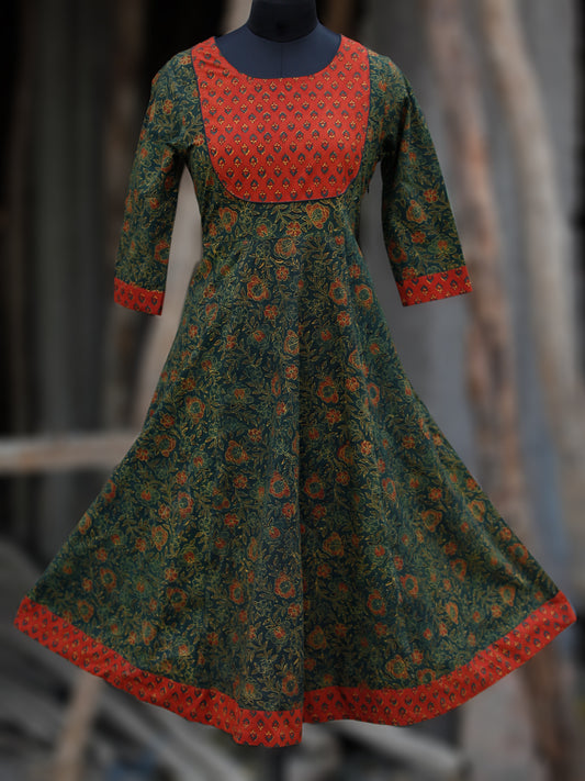 Green Red Yellow Black Ajrakh Hand Block Printed Kurta - K62BP082