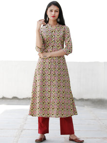 Pink Yellow Maroon Green Hand Block Printed Cotton Kurta With Stand Collar   - K171F1906
