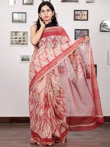 Ivory Coral Hand Block Printed Kota Doria Saree in Natural Colors With Golden Highlighting - S031703146
