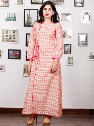 Off White Mustard Wine Pink Handloom Mercerised Ikat Long Cotton Dress With Side Pockets & Tassels - D300F1567
