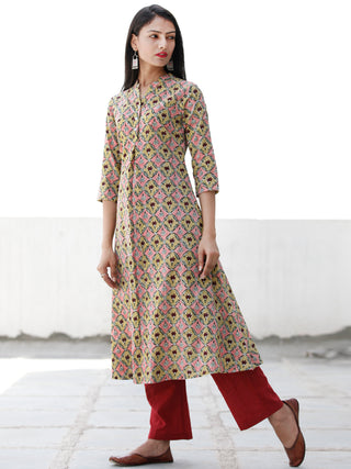 Pink Yellow Maroon Green Hand Block Printed Cotton Kurta With Stand Collar   - K171F1906