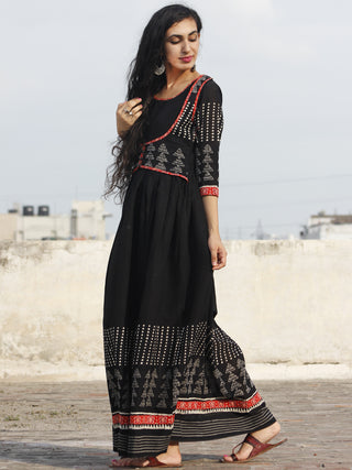 Naaz Black White Grey Hand Block Printed Long Dress With Gathers -  DS18F001