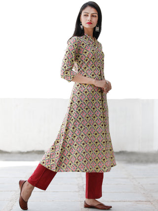 Pink Yellow Maroon Green Hand Block Printed Cotton Kurta With Stand Collar   - K171F1906