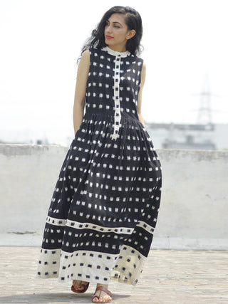 Black Ivory Handwoven Ikat  Sleeveless Dress With Side Pockets-  D107F661