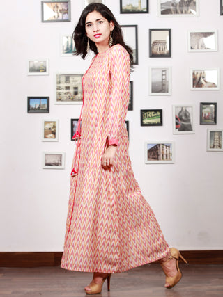 Off White Mustard Wine Pink Handloom Mercerised Ikat Long Cotton Dress With Side Pockets & Tassels - D300F1567