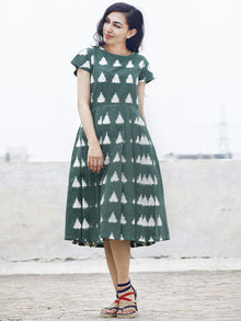 Pine Green Ivory Handwoven Double Ikat Pleated Dress With Side Pockets & Back Zip -  D65F854