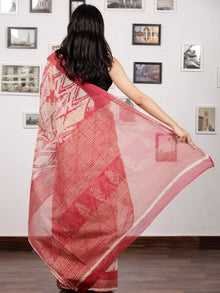 Ivory Coral Hand Block Printed Kota Doria Saree in Natural Colors With Golden Highlighting - S031703146