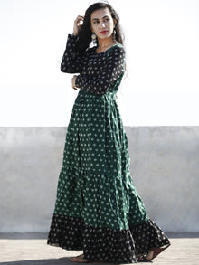 Green Black Ivory Hand Woven Mercerized Cotton Ikat Tier Dress - D135F1289