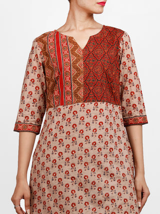 Beige Brown Green Cotton Block Printed Kurta & Pants - Set of 2 - SS01F1876