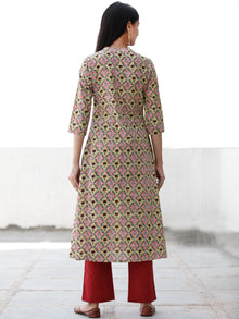 Pink Yellow Maroon Green Hand Block Printed Cotton Kurta With Stand Collar   - K171F1906