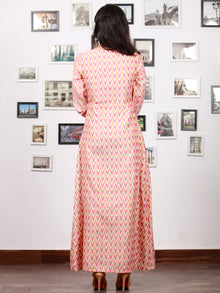 Off White Mustard Wine Pink Handloom Mercerised Ikat Long Cotton Dress With Side Pockets & Tassels - D300F1567