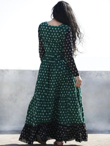 Green Black Ivory Hand Woven Mercerized Cotton Ikat Tier Dress - D135F1289