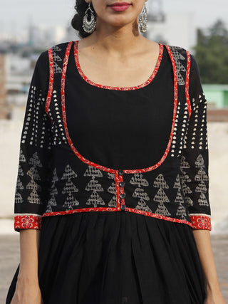 Naaz Black White Grey Hand Block Printed Long Dress With Gathers -  DS18F001