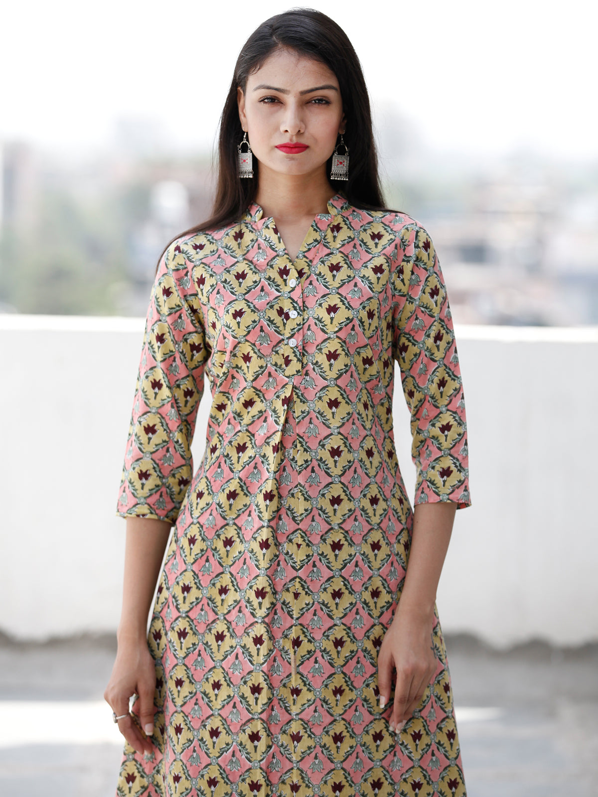 Pink Yellow Maroon Green Hand Block Printed Cotton Kurta With Stand Collar   - K171F1906