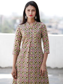 Pink Yellow Maroon Green Hand Block Printed Cotton Kurta With Stand Collar   - K171F1906