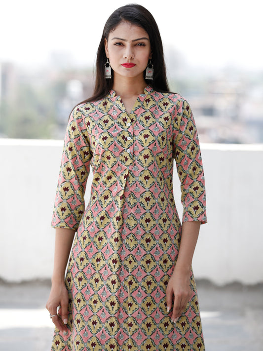 Pink Yellow Maroon Green Hand Block Printed Cotton Kurta With Stand Collar   - K171F1906