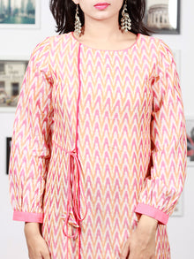 Off White Mustard Wine Pink Handloom Mercerised Ikat Long Cotton Dress With Side Pockets & Tassels - D300F1567