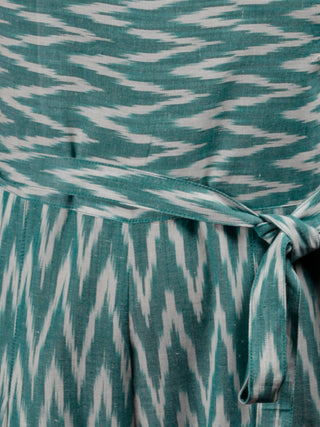 Teal Green Grey Ikat Handwoven Jumpsuit With Belt And Back Zip - D249F1253