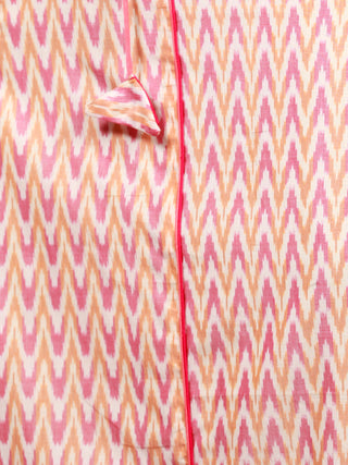 Off White Mustard Wine Pink Handloom Mercerised Ikat Long Cotton Dress With Side Pockets & Tassels - D300F1567