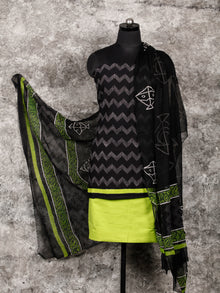 Black Lime Green White Hand Block Printed Cotton Suit-Salwar Fabric With Chiffon Dupatta (Set of 3) - SU01HB337