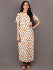 White Orange Hand Block Printed Kurti With Side Slit - K0540901