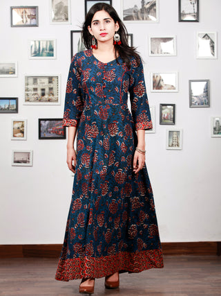 Indigo Rust Red Hand Block Printed Long Cotton Dress With Back Knots - D162F1341
