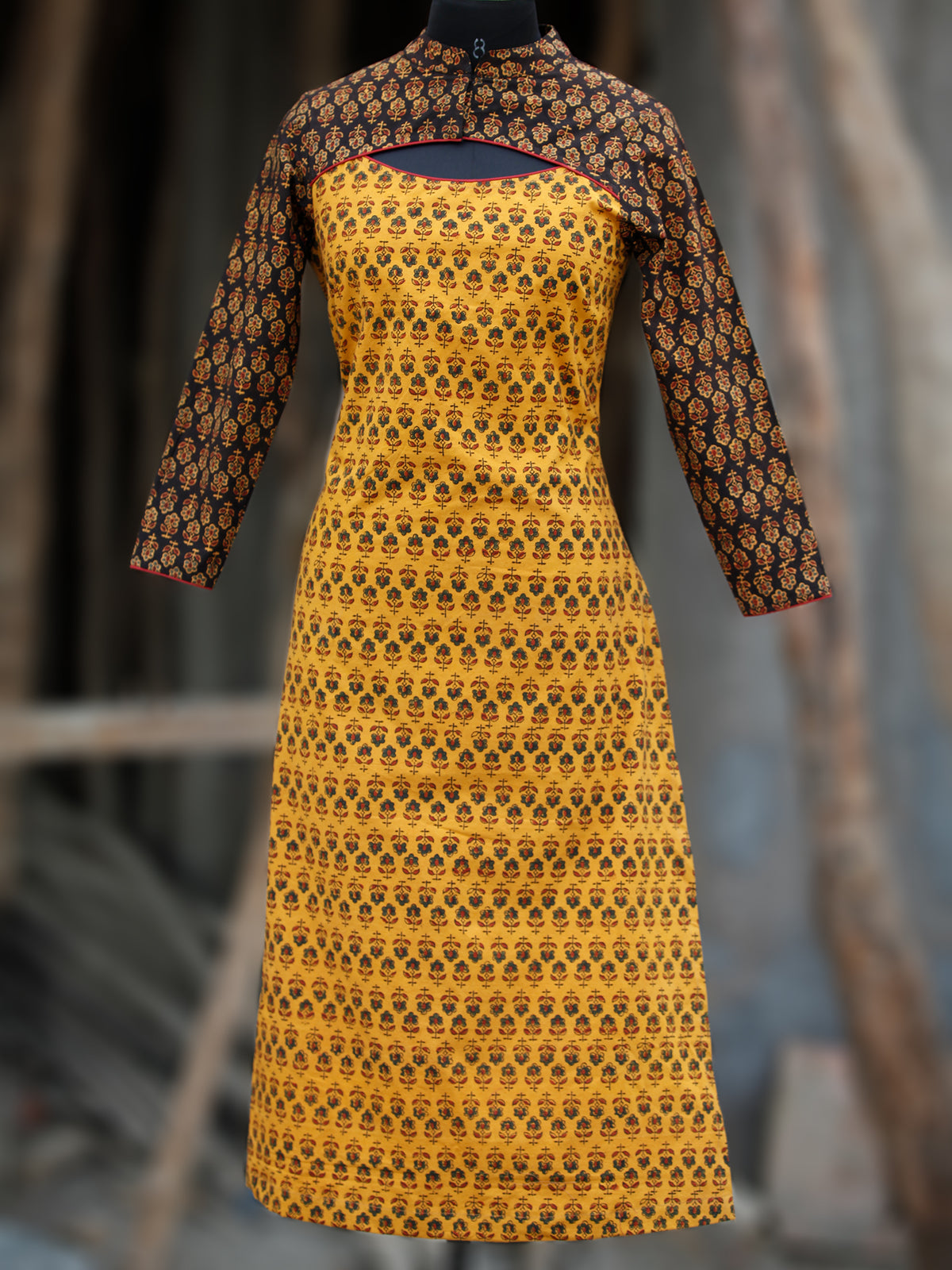 Yellow Rust Black Green Hand Block Printed Ajrakh Kurta With Stand Collar  - K38BP088
