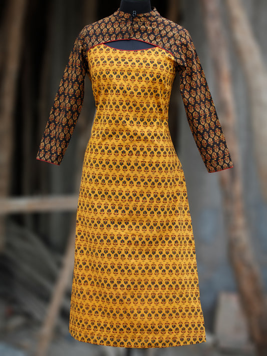 Yellow Rust Black Green Hand Block Printed Ajrakh Kurta With Stand Collar  - K38BP088