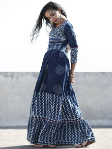 Naaz Indigo White Hand Blocked Cotton Long Dress With Highlighted Neck - DS46F001