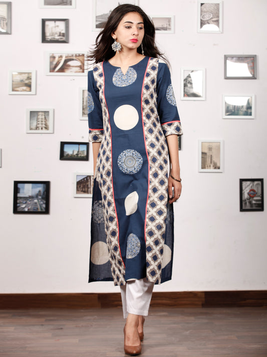 Indigo Kashish White Ajrakh Hand Block Printed Kurta in Natural Colors - K124F1506