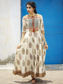 Naaz Beige Brown Maroon Black Hand Block Printed Long Cotton Dress with Tassels - DS02F001