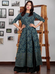 Green Black Indigo Ajrakh Hand Block Printed Long Kurta With Front Slit - K60BP0112