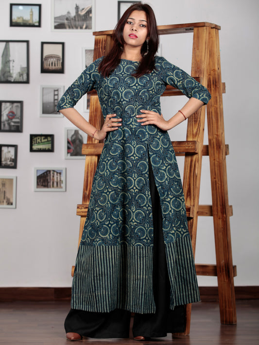 Green Black Indigo Ajrakh Hand Block Printed Long Kurta With Front Slit - K60BP0112