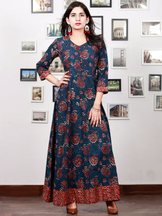 Indigo Rust Red Hand Block Printed Long Cotton Dress With Back Knots - D162F1341