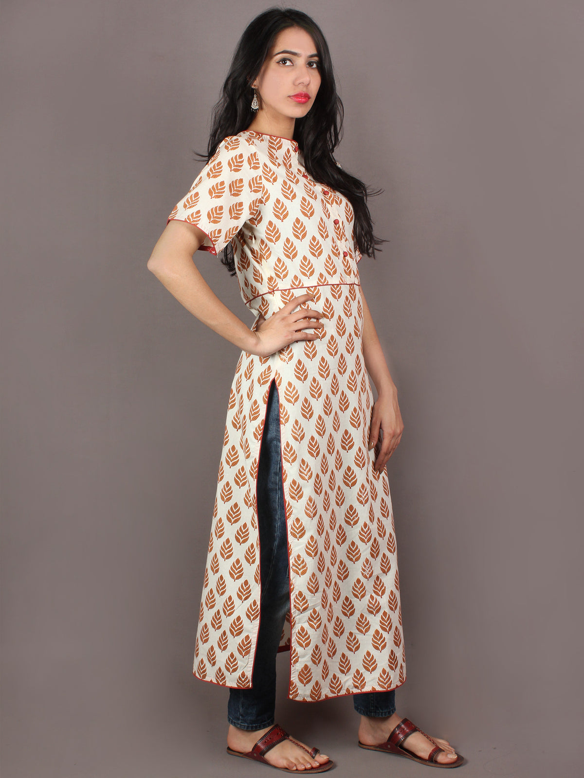 White Orange Hand Block Printed Kurti With Side Slit - K0540901