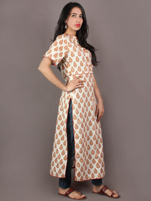 White Orange Hand Block Printed Kurti With Side Slit - K0540901