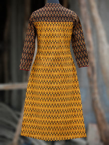 Yellow Rust Black Green Hand Block Printed Ajrakh Kurta With Stand Collar  - K38BP088