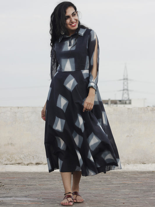 Naaz Black Grey White Hand Block Printed & Tie Dye Dress With Sleeve Slit And Collar - DS23F001