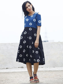Prussian Blue Black Ivory Handwoven Double Ikat Pleated Cold Shoulder Dress With Side Pockets & Back Zip -  D81F853