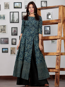 Green Black Indigo Ajrakh Hand Block Printed Long Kurta With Front Slit - K60BP0112