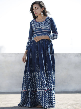 Naaz Indigo White Hand Blocked Cotton Long Dress With Highlighted Neck - DS46F001